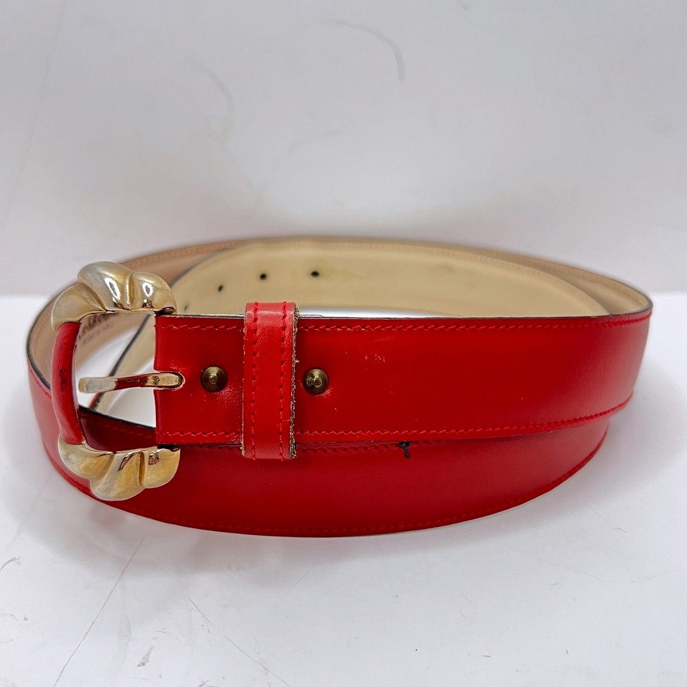 Calderon‎ Vintage Red Leather Belt Gold Sculptural Buckle Made in USA Size L 90s